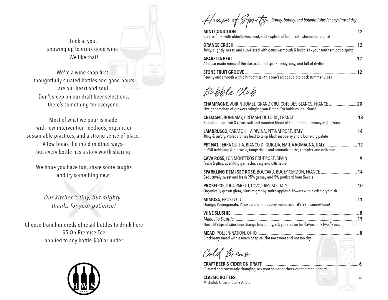 Hickory Wine Shoppe Menu